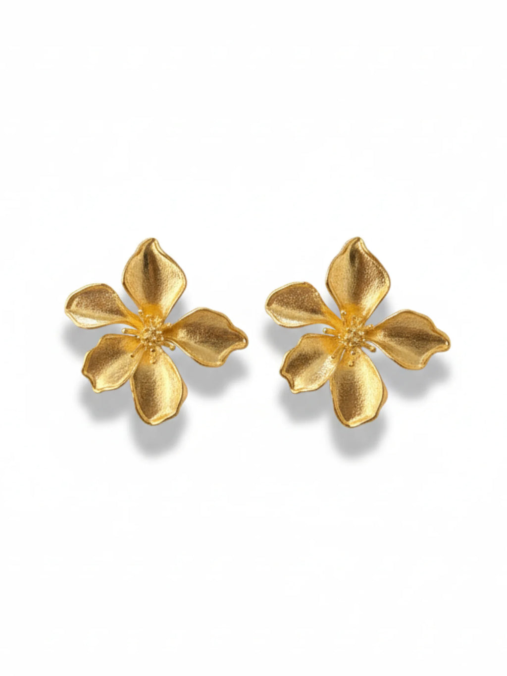 Pair of gold flower-shaped earrings on a white background