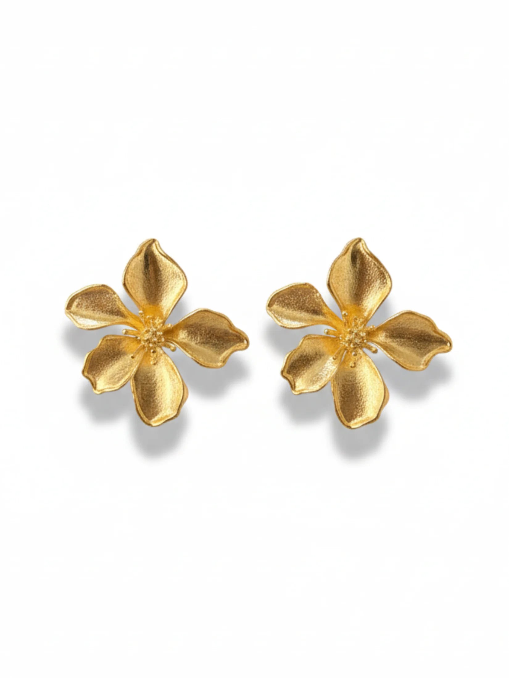 Pair of gold flower-shaped earrings on a white background