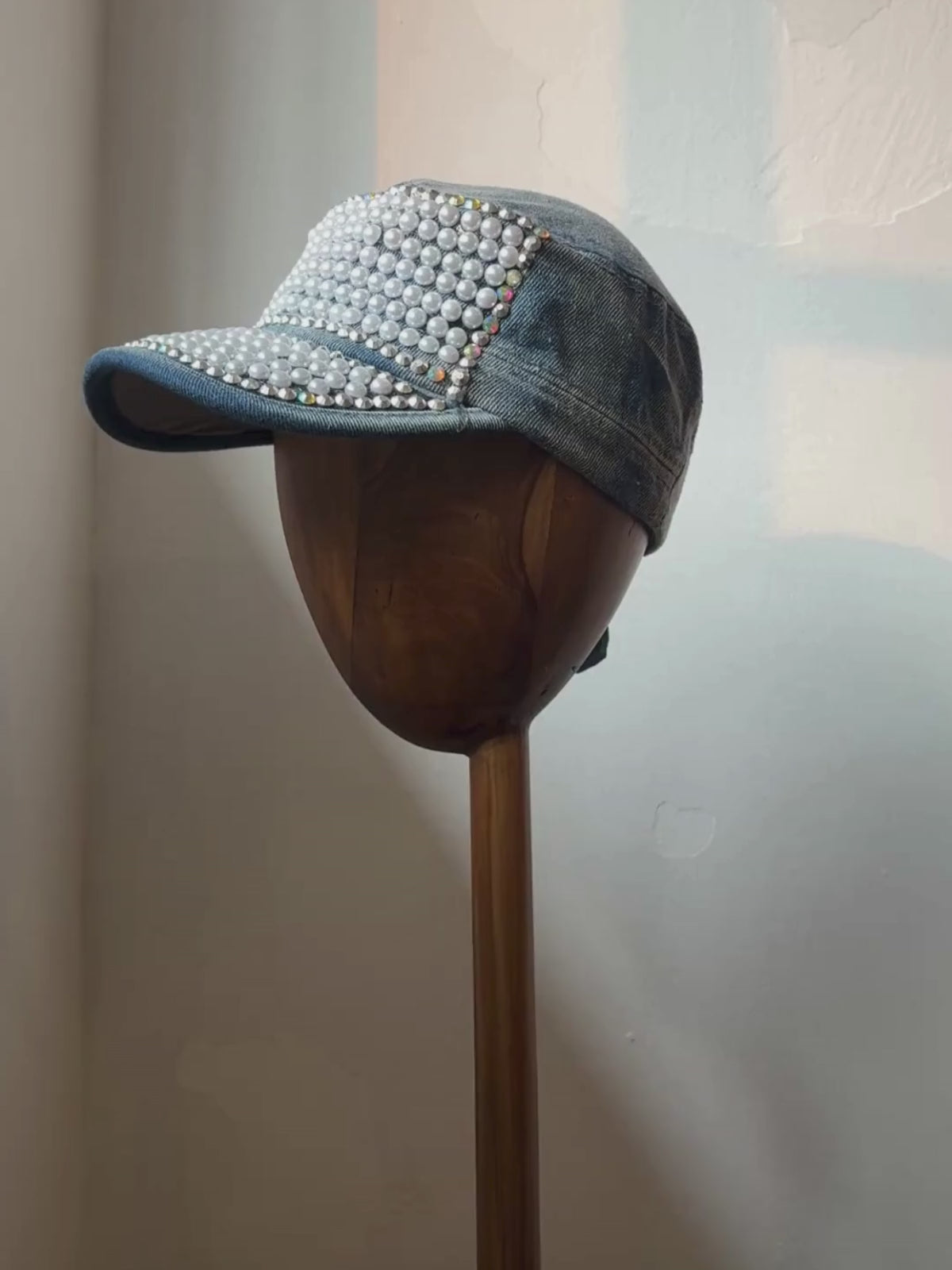 Crsytal pearl denim cap