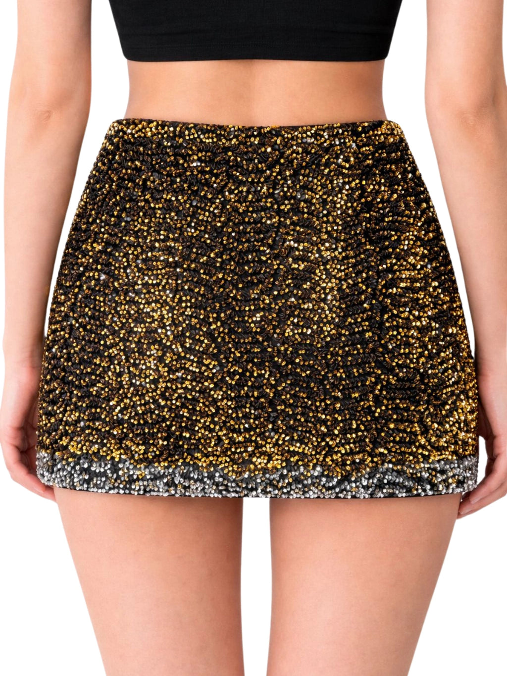 Black and gold sequin skirt worn by a person on a white background